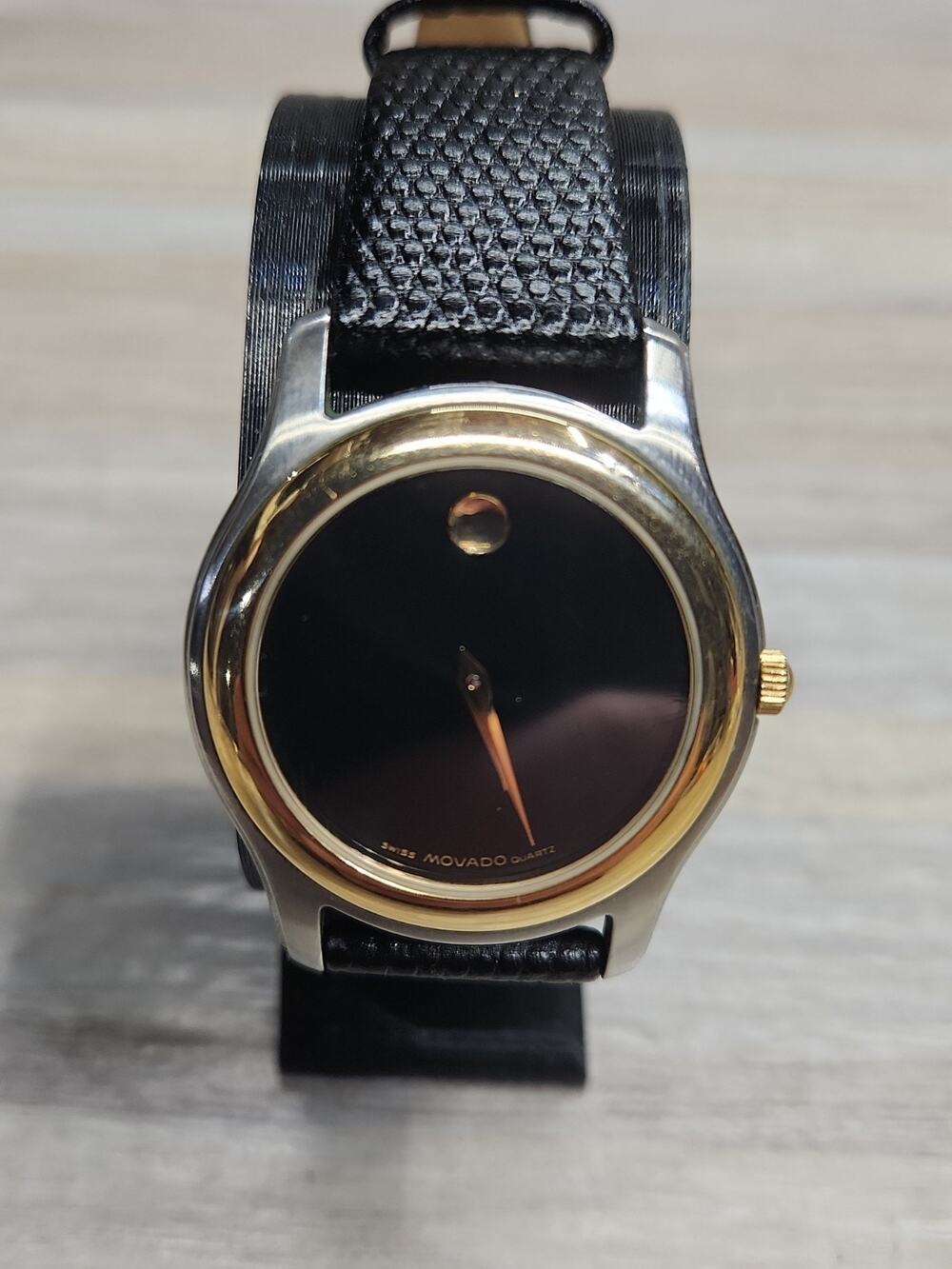 Movado Museum Watch Two Tone Silver Gold Working , Black Leather Lizard Band